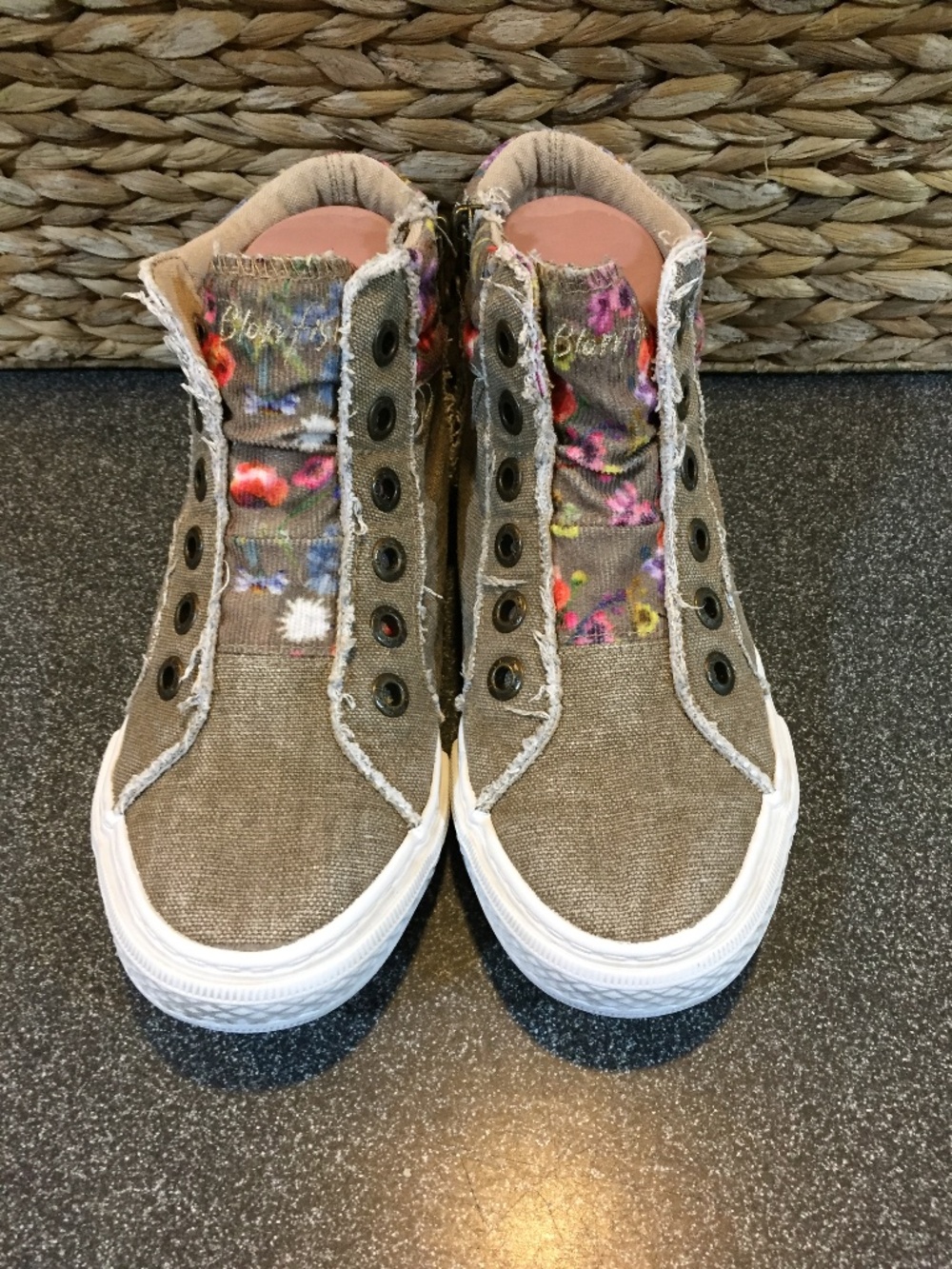 Canvas High-Top Sneakers in Taupe with Floral Accent